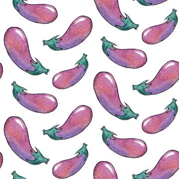 Hand drawn watercolor seamless pattern with vegetables eggplant Stock Illustration