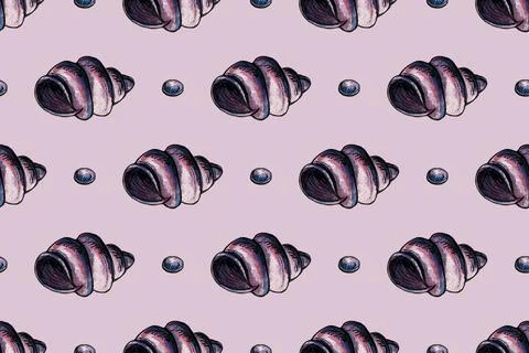 Hand drawn watercolor seamless pattern with seashells Stock Illustration