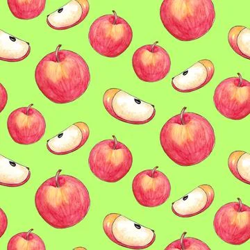 Hand drawn watercolor seamless pattern with Natural ripe fruit - Apple Stock Illustration
