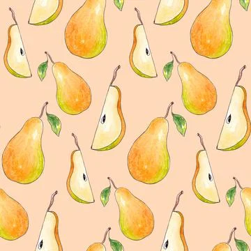 Hand drawn watercolor seamless pattern with Natural ripe fruit - Pear Stock Illustration