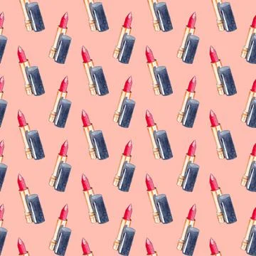 Hand drawn watercolor seamless pattern with makeup products. Red Lipstick Stock Illustration