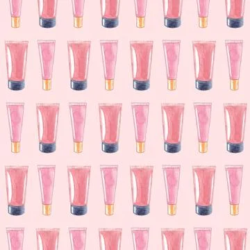 Hand drawn watercolor seamless pattern with cosmetic products. Pink cream Stock Illustration