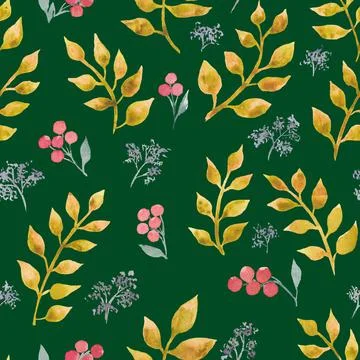 Hand drawn watercolor seamless pattern with autumn leaves, twigs and berries Stock Illustration