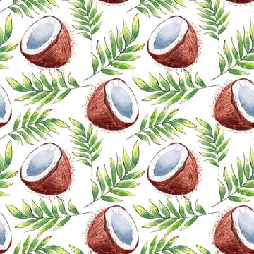 Hand drawn watercolor seamless pattern with Coconut and tropical leaves Stock Illustration