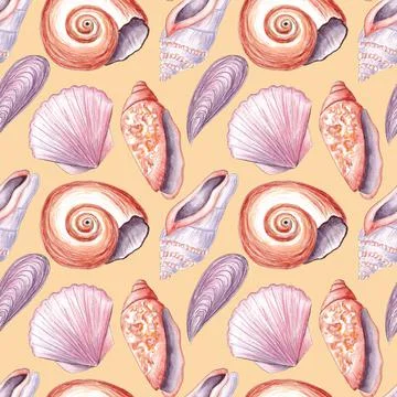 Hand drawn watercolor seamless pattern with exotic sea shell. Ocean wildlife Illustrazione stock