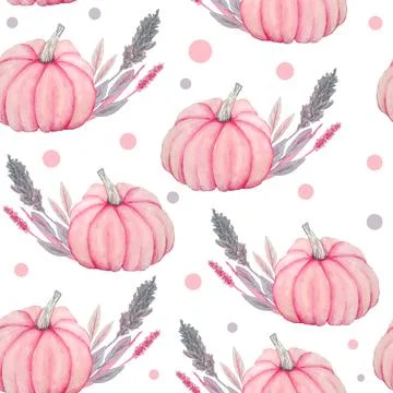Hand drawn watercolor seamless pattern of fall autumn pastel soft pink pumpkins Illustrazione stock