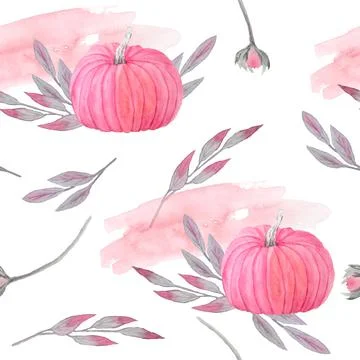 Hand drawn watercolor seamless pattern of fall autumn pastel soft pink pumpkins Illustrazione stock