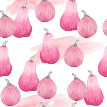 Hand drawn watercolor seamless pattern of fall autumn pastel soft pink pumpkins Illustrazione stock