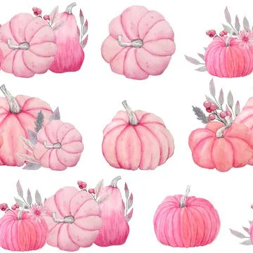 Hand drawn watercolor seamless pattern of fall autumn pastel soft pink pumpkins Illustrazione stock