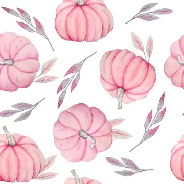 Hand drawn watercolor seamless pattern of fall autumn pastel soft pink pumpkins Stock Illustration