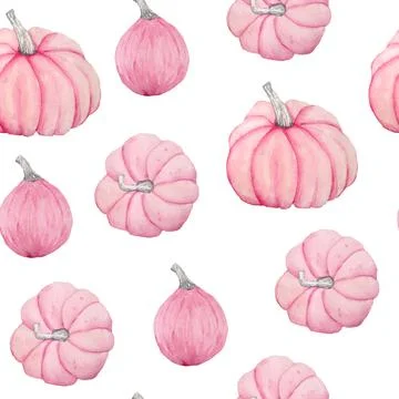 Hand drawn watercolor seamless pattern of fall autumn pastel soft pink pumpkins Stock Illustration