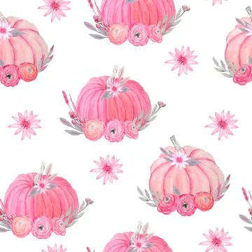 Hand drawn watercolor seamless pattern of fall autumn pastel soft pink pumpkins Illustrazione stock