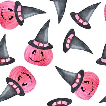 Hand drawn watercolor seamless pattern of Halloween fall autumn pastel soft pink Stock Illustration