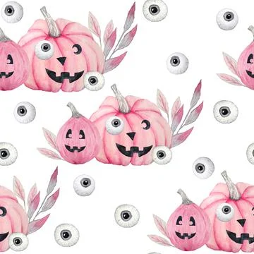 Hand drawn watercolor seamless pattern of Halloween fall autumn pastel soft pink Stock Illustration
