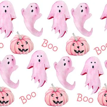 Hand drawn watercolor seamless pattern of Halloween ghosts apparitions and fall Stock Illustration