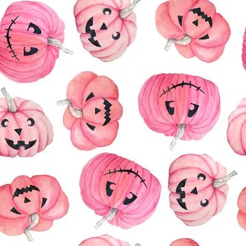Hand drawn watercolor seamless pattern of Halloween fall autumn pastel soft pink Stock Illustration