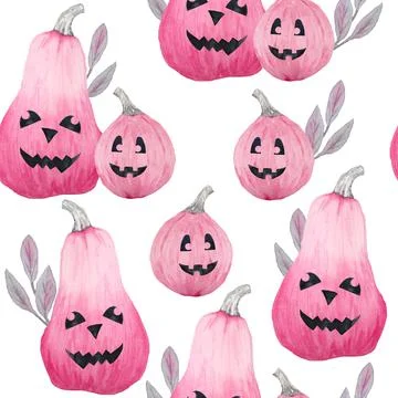 Hand drawn watercolor seamless pattern of Halloween fall autumn pastel soft pink Stock Illustration