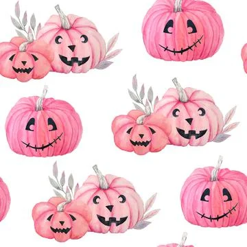 Hand drawn watercolor seamless pattern of Halloween fall autumn pastel soft pink Stock Illustration
