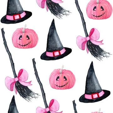 Hand drawn watercolor seamless pattern of Halloween witch hat broom and fall Illustrazione stock