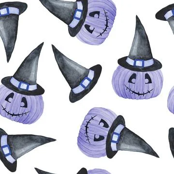 Hand drawn watercolor seamless pattern of Halloween fall autumn pastel soft blue Stock Illustration