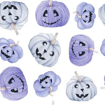 Hand drawn watercolor seamless pattern of Halloween fall autumn pastel soft blue Illustrazione stock