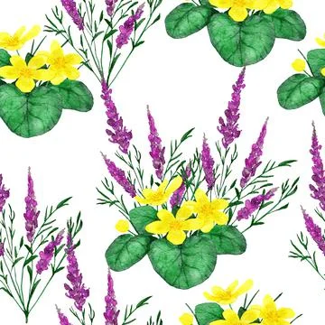 Hand drawn watercolor seamless pattern with river wild flowers, floral wildlife Stock Illustration