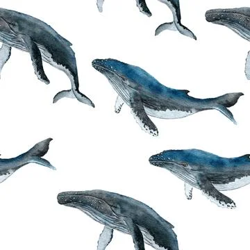 Hand drawn watercolor seamless pattern with blue whale. Sea ocean marine animal Stock Illustration