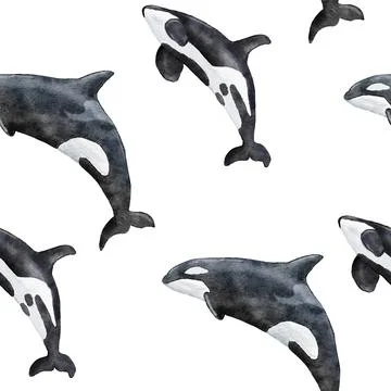 Hand drawn watercolor seamless pattern with orca killer whale. Sea ocean marine Stock Illustration