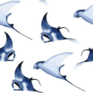 Hand drawn watercolor seamless pattern with manta ray. Sea ocean marine animal イラスト素材