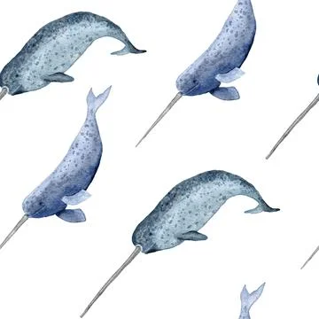 Hand drawn watercolor seamless pattern with narwhal. Sea ocean marine animal Stock Illustration