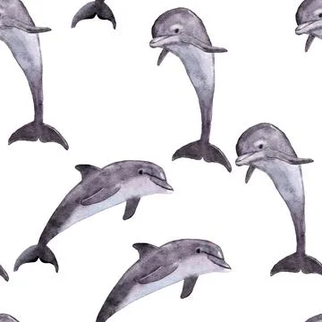 Hand drawn watercolor seamless pattern with dolphin. Sea ocean marine animal Stock Illustration