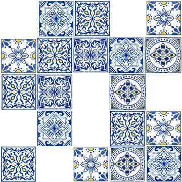 Hand drawn watercolor seamless pattern with blue white azulejo Portuguese Stock Illustration