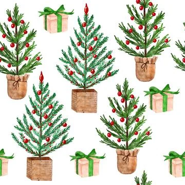 Hand drawn watercolor seamless pattern with Christmas trees. New year holiday Stock Illustration