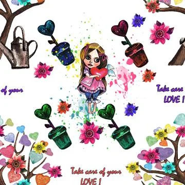 Hand drawn watercolor seamless pattern with hearts, tree, flowers, little girl Stock Illustration