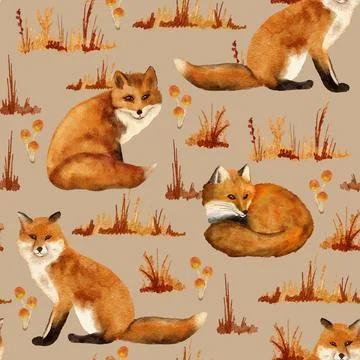 Hand drawn watercolor seamless pattern with red wild fox in beige forest grass Stock Illustration