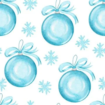 Hand drawn watercolor seamless pattern christmas blue turquoise bauble ornament Stock Illustration
