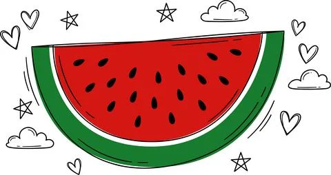 Hand drawn watermelon slice with doodle hearts and stars. Stock Illustration
