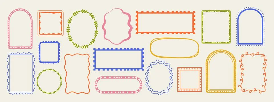 Hand drawn wave frame set. Minimal border kit with square, oval, arch, and .. Stock Illustration