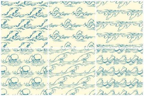 Hand drawn waves vector seamless patterns set 스톡 일러스트