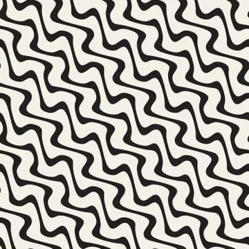 Hand Drawn Wavy Diagonal Lines. Vector Seamless Black and White Pattern Stock Illustration