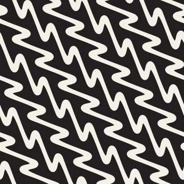 Hand Drawn Wavy Diagonal Lines. Vector Seamless Black and White Pattern 스톡 일러스트