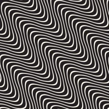 Hand Drawn Wavy Diagonal Lines. Vector Seamless Black and White Pattern Stock Illustration