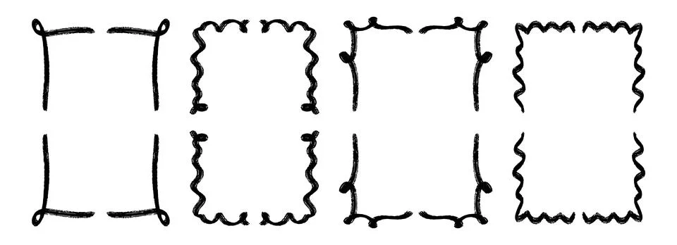 Hand drawn wavy frame set. Black curved ribbon border collection. Squiggle Illustrazione stock