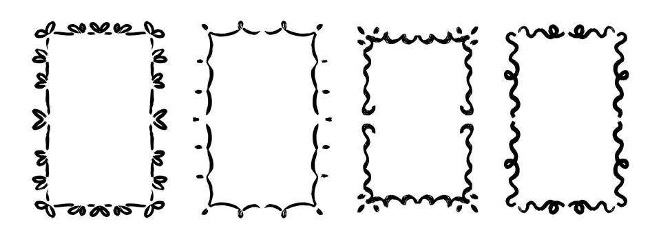 Hand drawn wavy frame set. Black curly ribbon border collection. Curved squiggly Illustrazione stock