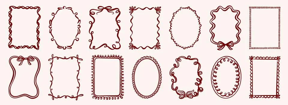 Hand-drawn wavy frames with elegant bow details. Stock Illustration