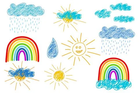 Hand-Drawn Weather Elements with Sun, Rain, Clouds, and Rainbows 스톡 일러스트
