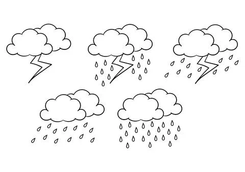 Hand drawn weather theme, with lightning and rain during the day Stock Illustration