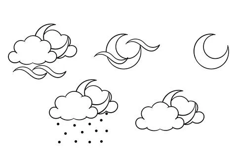 Hand drawn weather theme windy, sunny and drizzling at night Stock Illustration