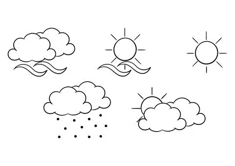 Hand drawn weather theme windy, sunny and drizzling in the daytime Stock Illustration
