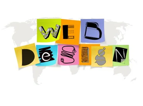 Hand drawn web design on sticky note and world map background as concept Stock Illustration
